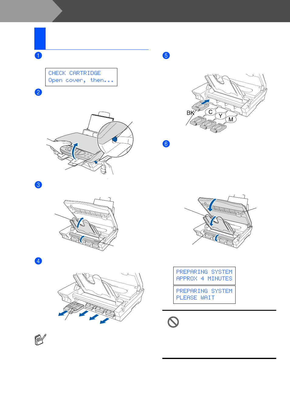 6 installing the ink cartridges, Installing the ink cartridges, Step 1 | Setting up the dcp, 6installing the ink cartridges | Brother DCP4020C User Manual | Page 6 / 25