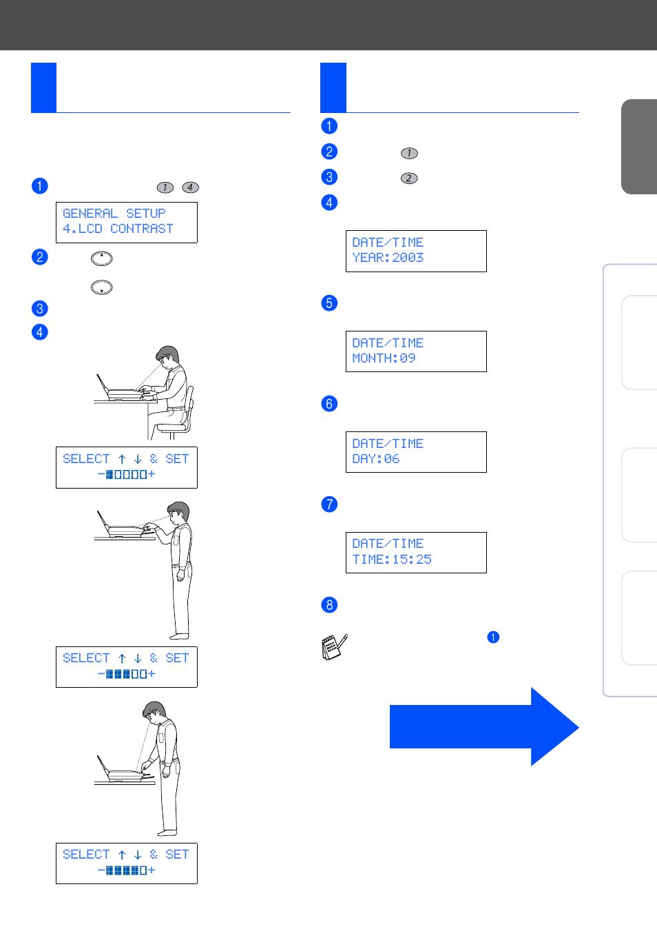 8 setting the lcd contrast, 9 setting a date and time, Setting the lcd contrast | Setting a date and time, 8setting the lcd contrast, 9setting a date and time | Brother DCP4020C User Manual | Page 9 / 25