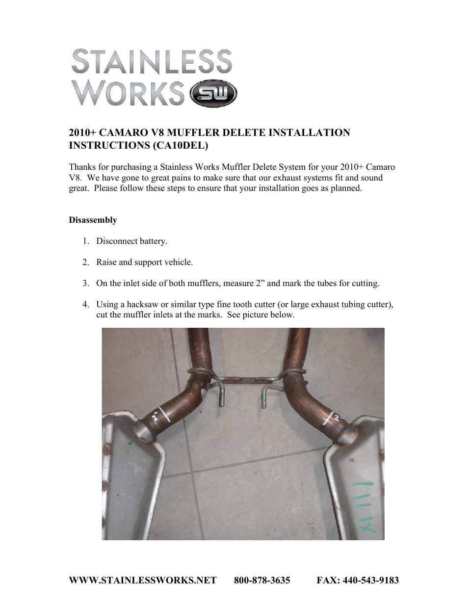 Stainless Works Chevy Camaro Muffler Delete Exhaust System 2010-14 User Manual | 3 pages