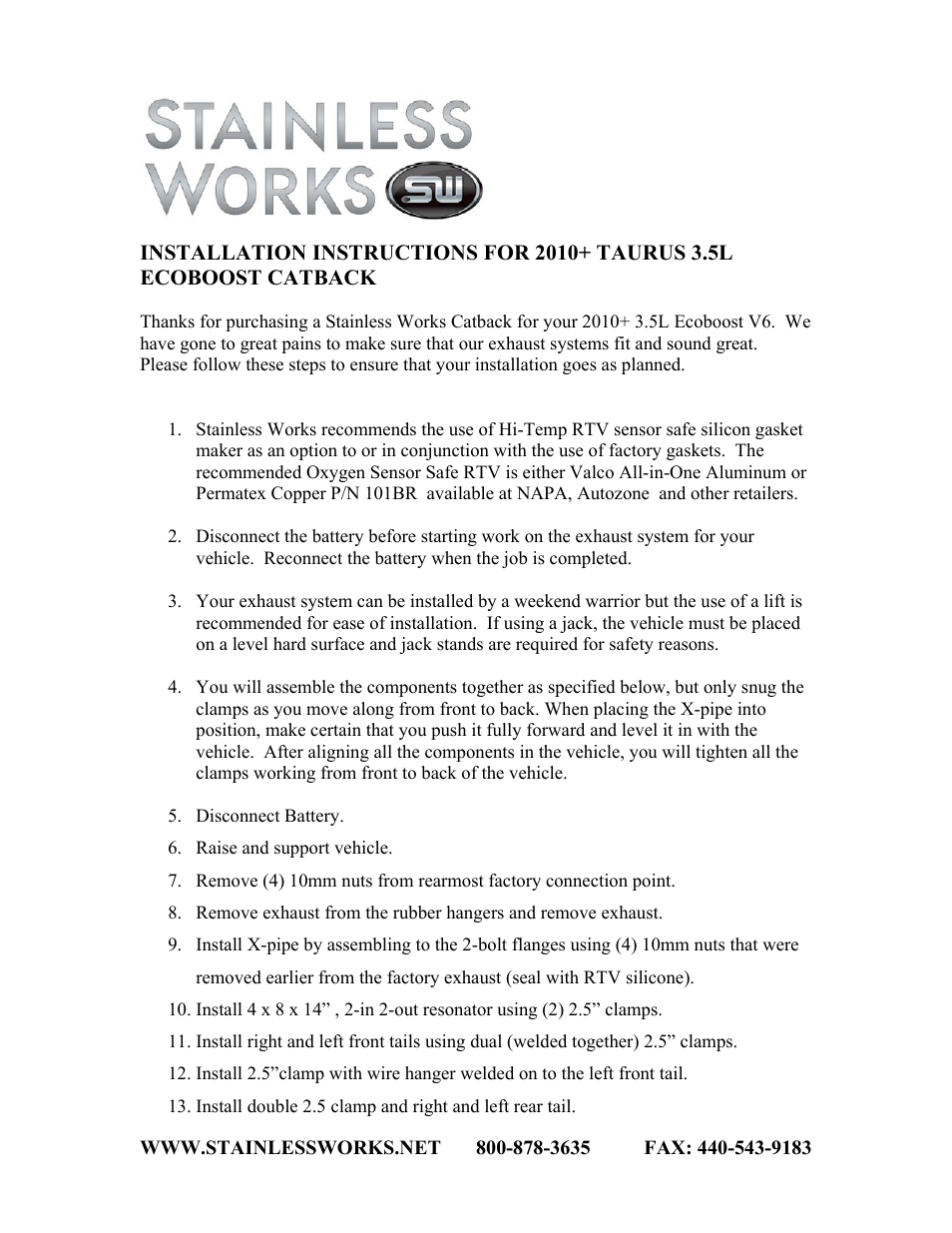 Stainless Works Ford Taurus SHO Exhaust 2010-14 User Manual | 3 pages