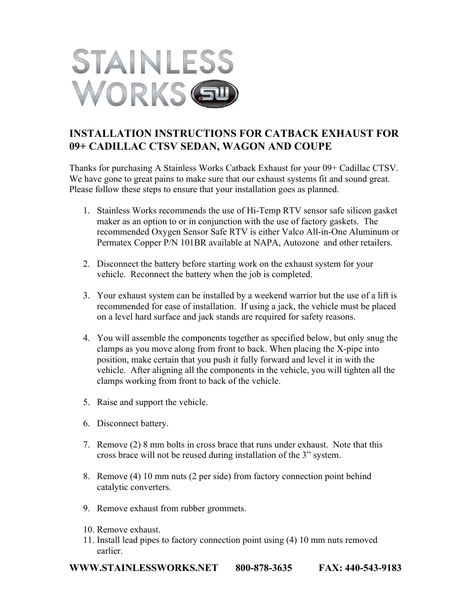 Stainless Works Cadillac CTSV 2009+ Catback User Manual | 2 pages