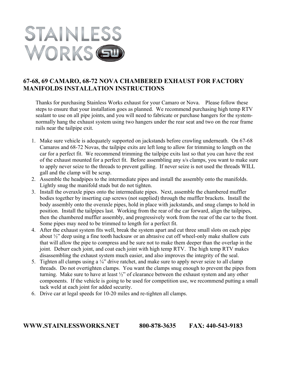Stainless Works Chevy Camaro 1969 Exhaust: Small Block Factory Reproduction User Manual | 1 page