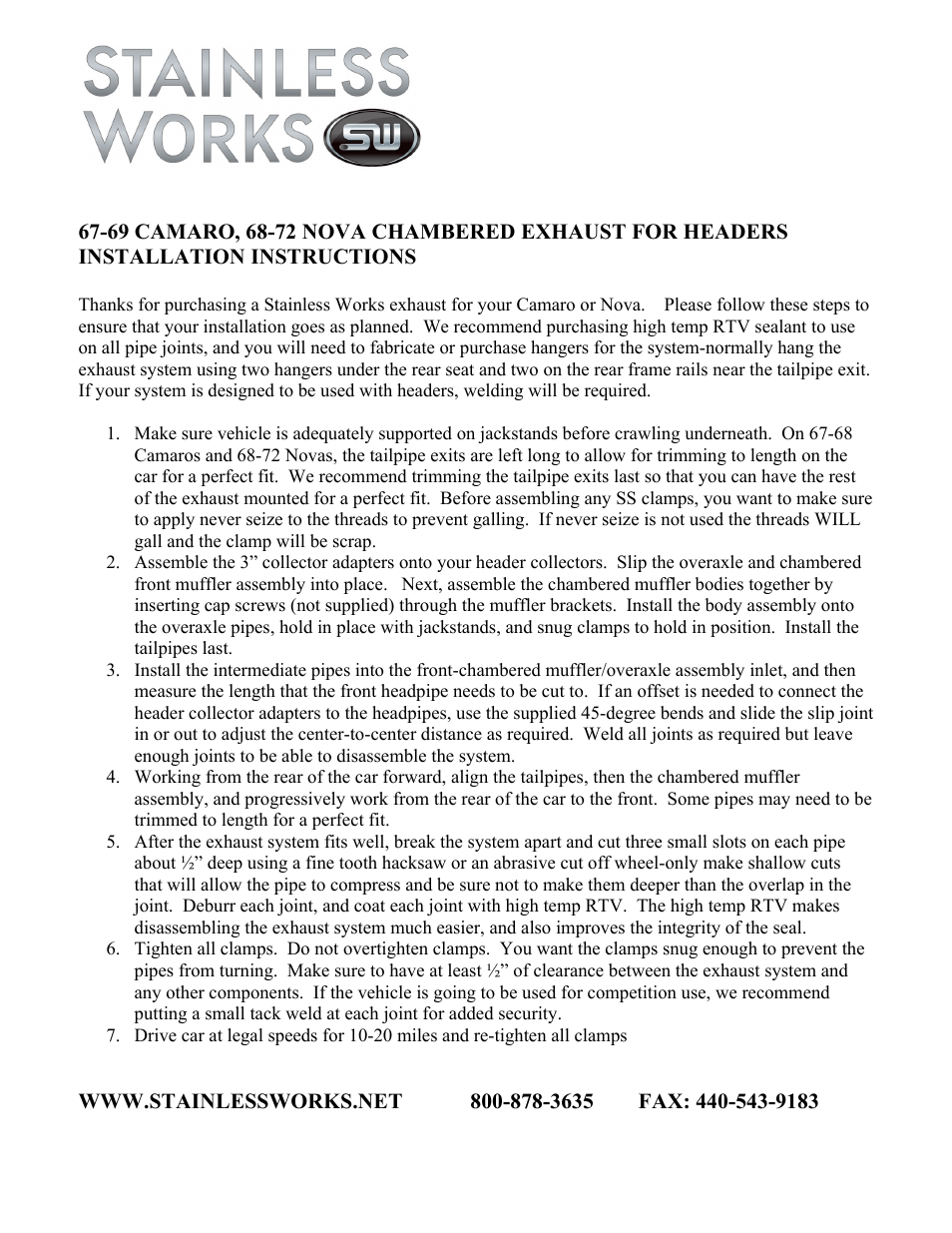 Stainless Works Chevy Camaro 1967-69 Exhaust: Hot Rod System LS1 User Manual | 1 page