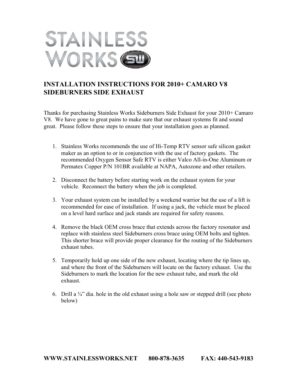 Stainless Works Chevy Camaro 2010-14 SideBurners Modular-Exhaust User Manual | 3 pages
