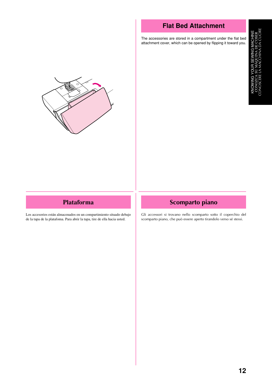 Flat bed attachment, Plataforma, Scomparto piano | Brother XL-6063 User Manual | Page 23 / 101