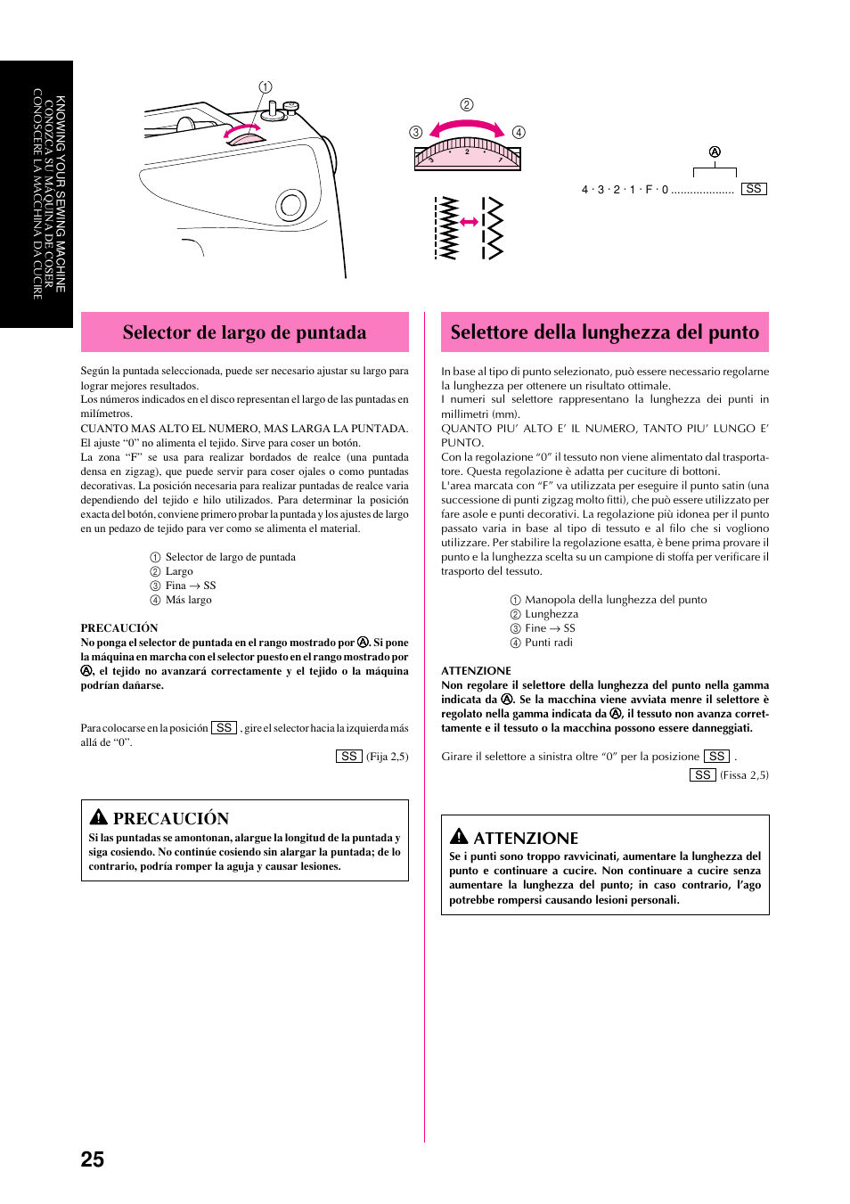 Selector de largo de puntada, Selettore della lunghezza del punto, Precaución | Attenzione | Brother XL-6063 User Manual | Page 36 / 101