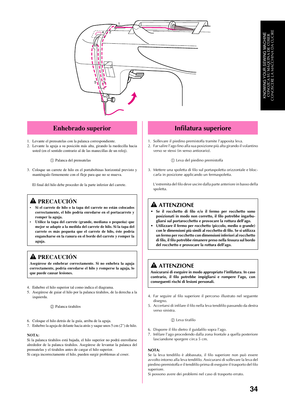 Infilatura superiore, Enhebrado superior, Attenzione | Precaución | Brother XL-6063 User Manual | Page 45 / 101