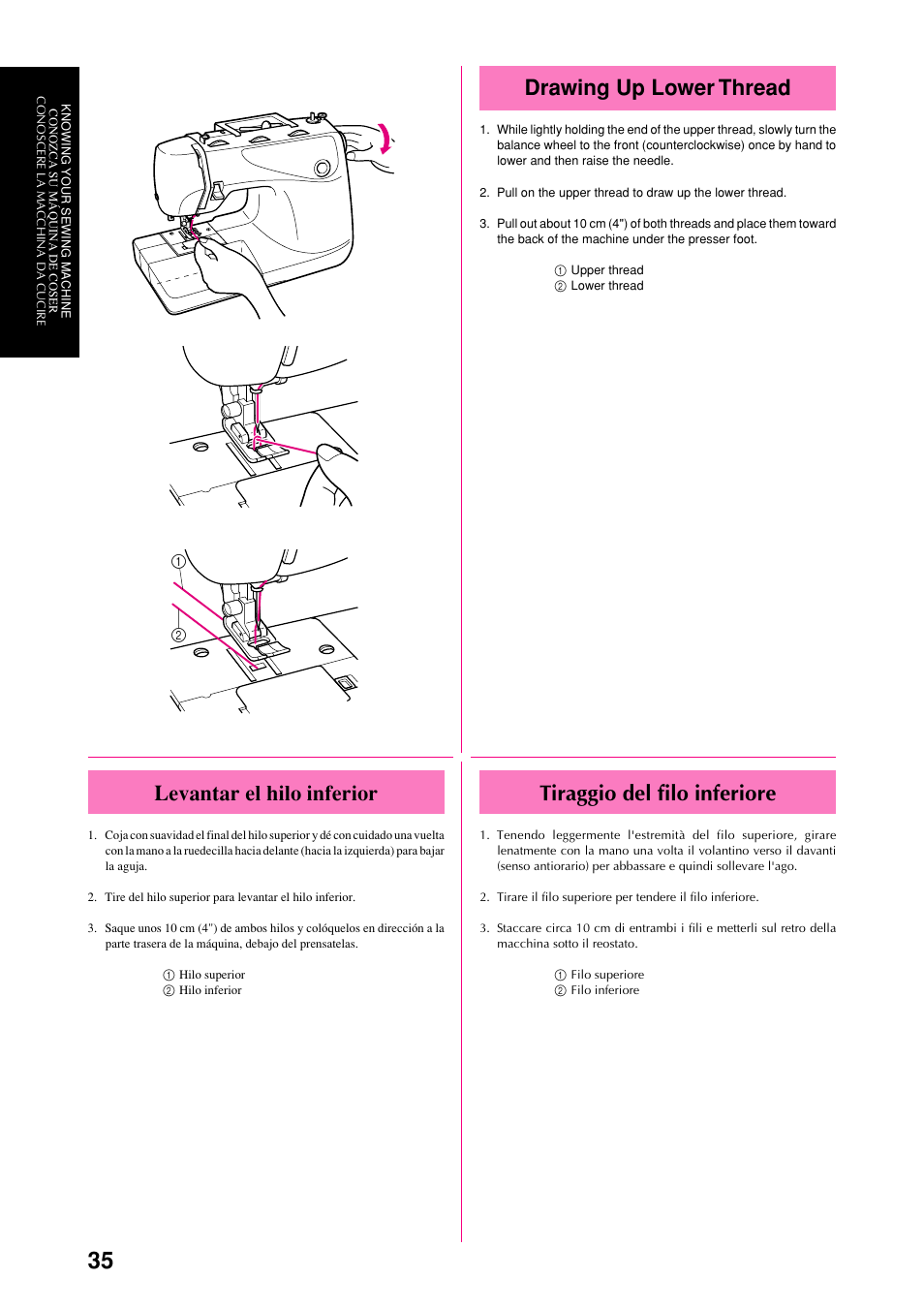 Drawing up lower thread, Tiraggio del filo inferiore, Levantar el hilo inferior | Brother XL-6063 User Manual | Page 46 / 101