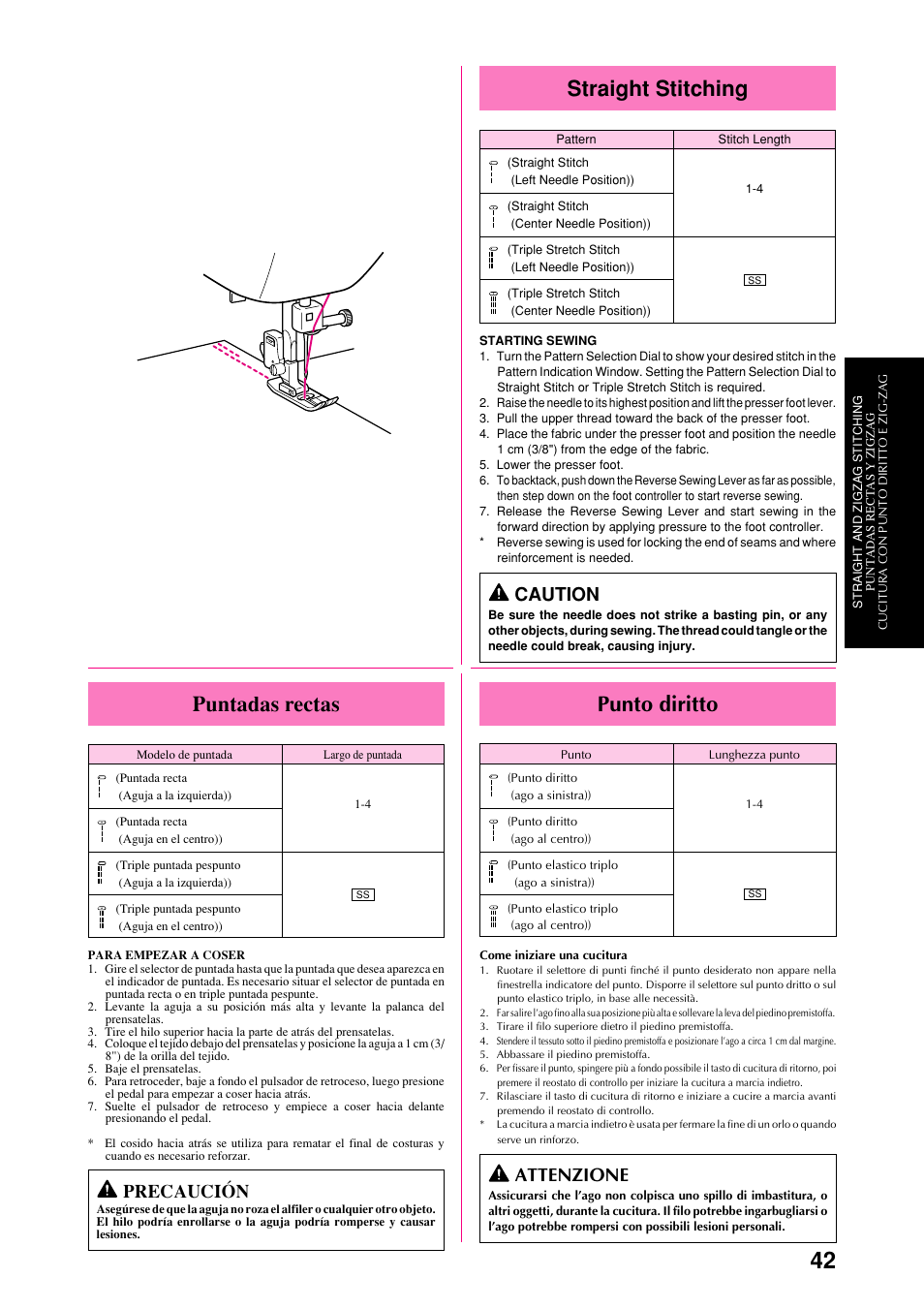 Straight stitching, Punto diritto, Puntadas rectas | Caution, Attenzione, Precaución | Brother XL-6063 User Manual | Page 53 / 101