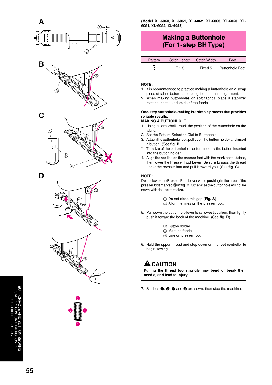 Making a buttonhole (for 1-step bh type), Caution | Brother XL-6063 User Manual | Page 66 / 101