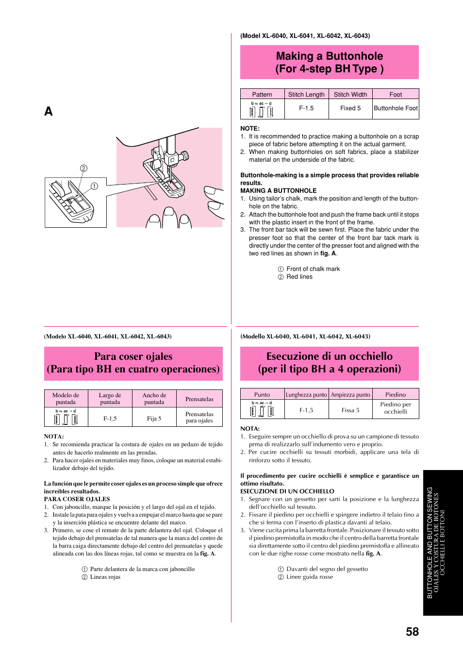 Making a buttonhole (for 4-step bh type ) | Brother XL-6063 User Manual | Page 69 / 101