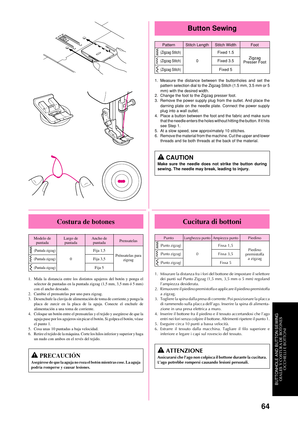 Button sewing, Costura de botones, Cucitura di bottoni | Caution, Precaución, Attenzione | Brother XL-6063 User Manual | Page 75 / 101