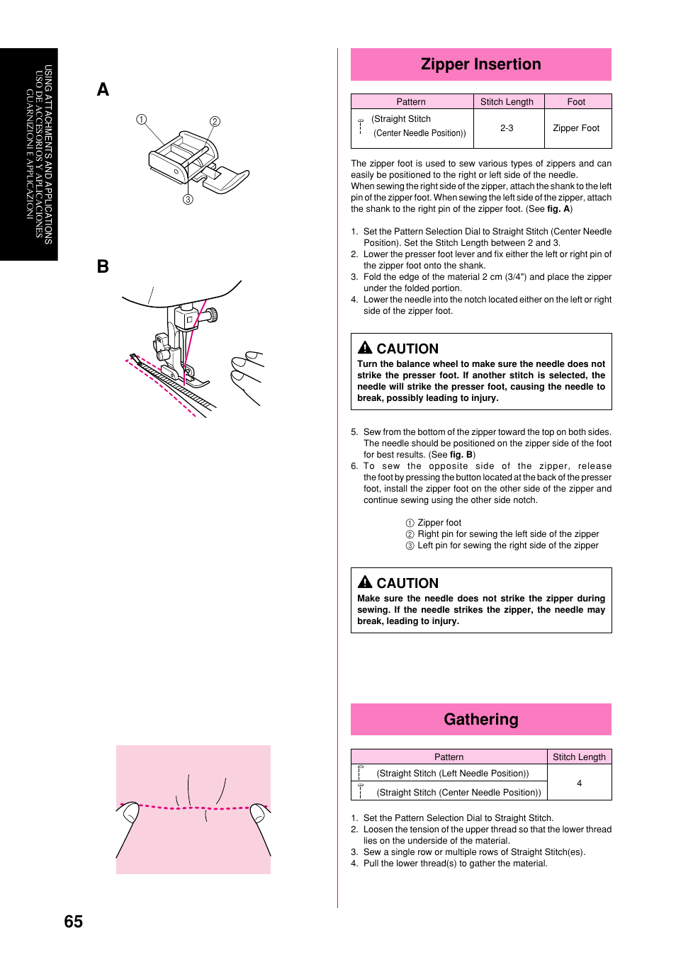 Zipper insertion, Gathering, Caution | Brother XL-6063 User Manual | Page 76 / 101