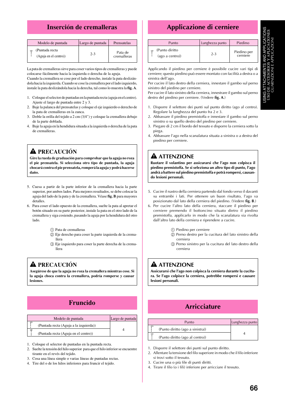 Applicazione di cerniere, Arricciature, Inserción de cremalleras | Fruncido, Attenzione, Precaución | Brother XL-6063 User Manual | Page 77 / 101