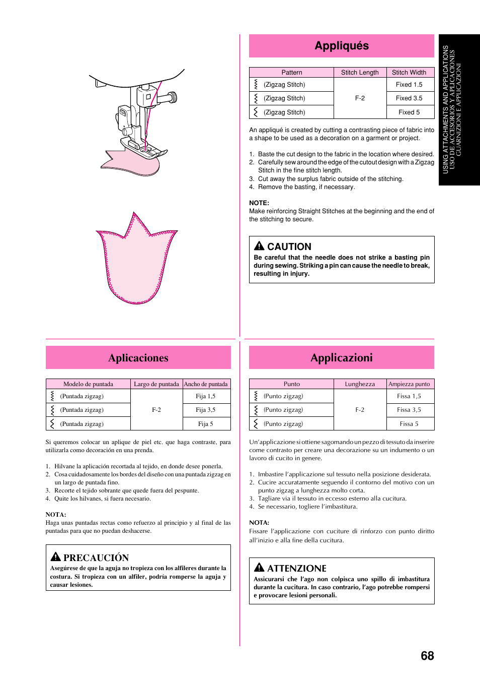 Appliqués, Applicazioni, Aplicaciones | Caution, Attenzione, Precaución | Brother XL-6063 User Manual | Page 79 / 101