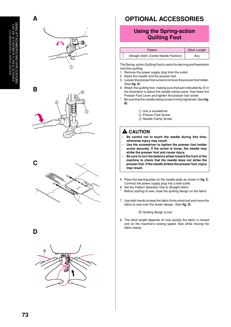 Optional accessories, Using the spring-action quilting foot, Caution | Brother XL-6063 User Manual | Page 84 / 101