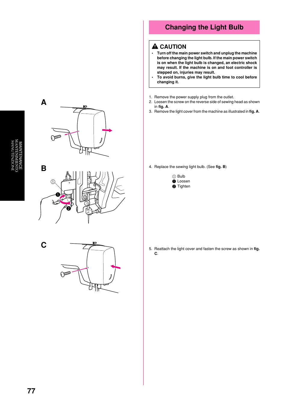 Changing the light bulb, Caution | Brother XL-6063 User Manual | Page 88 / 101