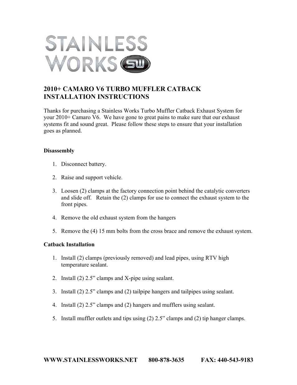 Stainless Works Chevy Camaro V6 2010+ Exhaust User Manual | 2 pages