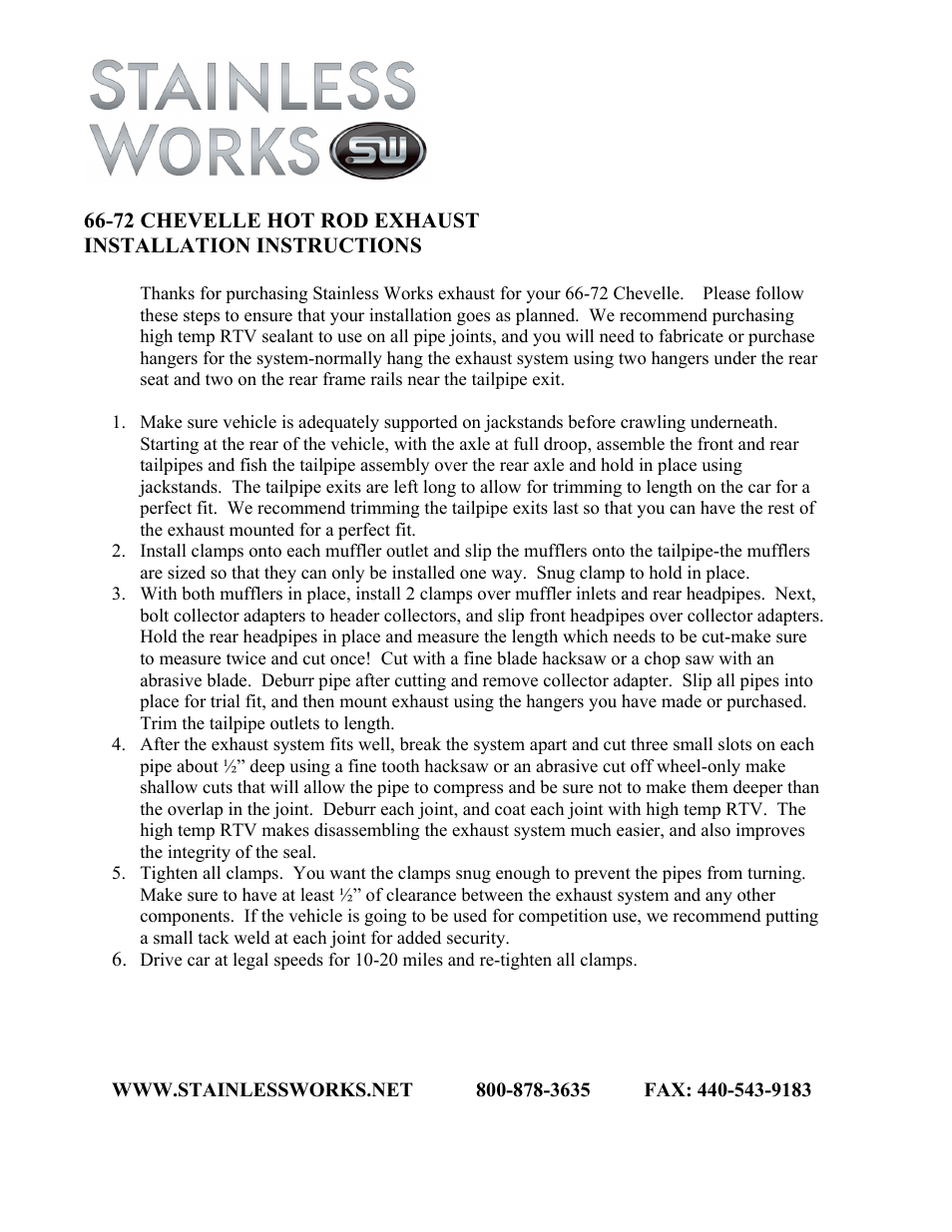 Stainless Works Chevy Chevelle Small Block 1968-72 Exhausts User Manual | 1 page