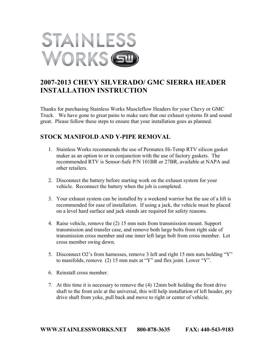 Stainless Works Chevy/GMC Truck 2007+ Headers User Manual | 3 pages