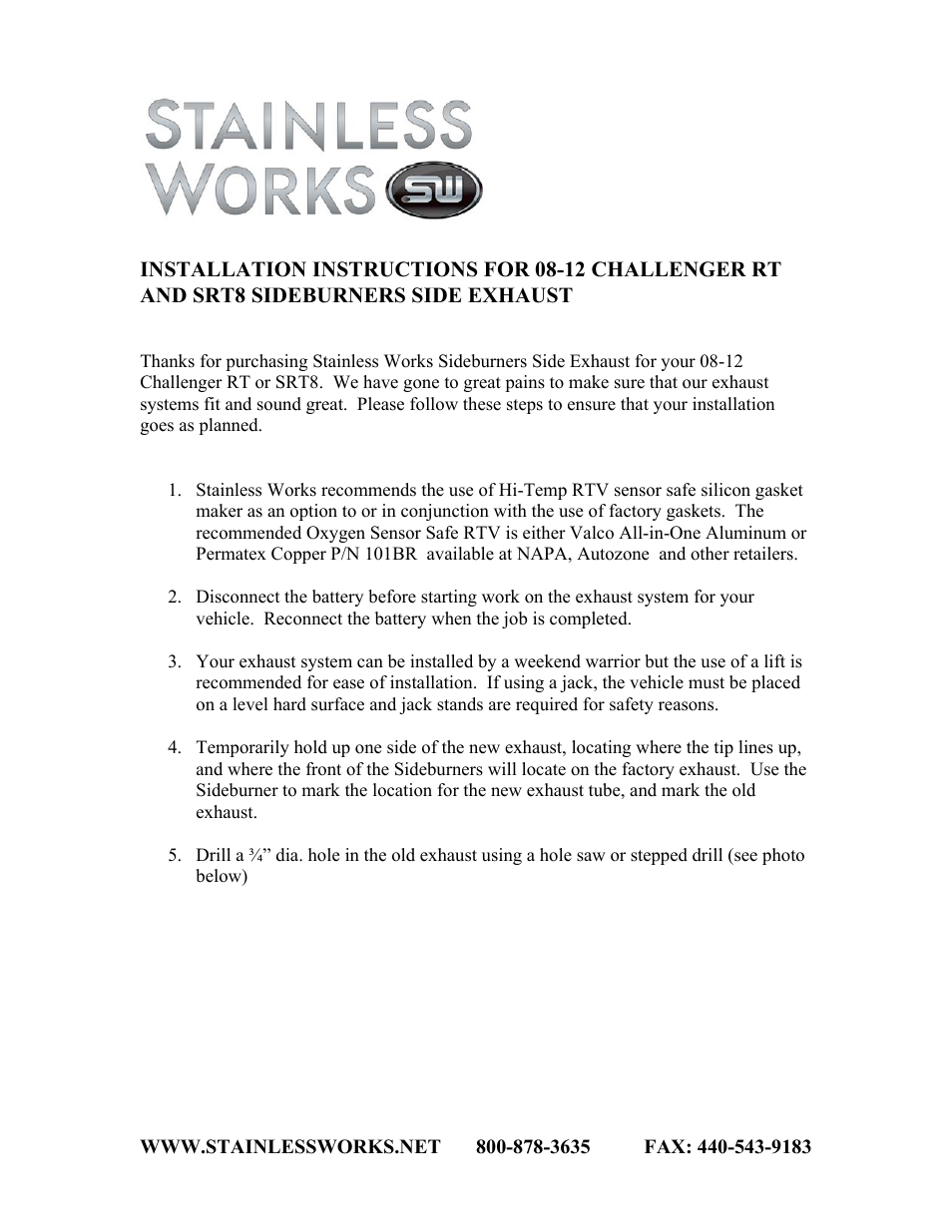 Stainless Works Dodge Challenger 2008-12 SideBurners Modular-Exhaust User Manual | 3 pages