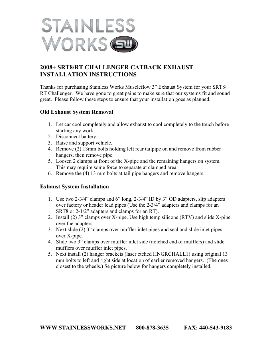 Stainless Works Dodge Challenger SRT8-RT 2008+ Catback User Manual | 2 pages