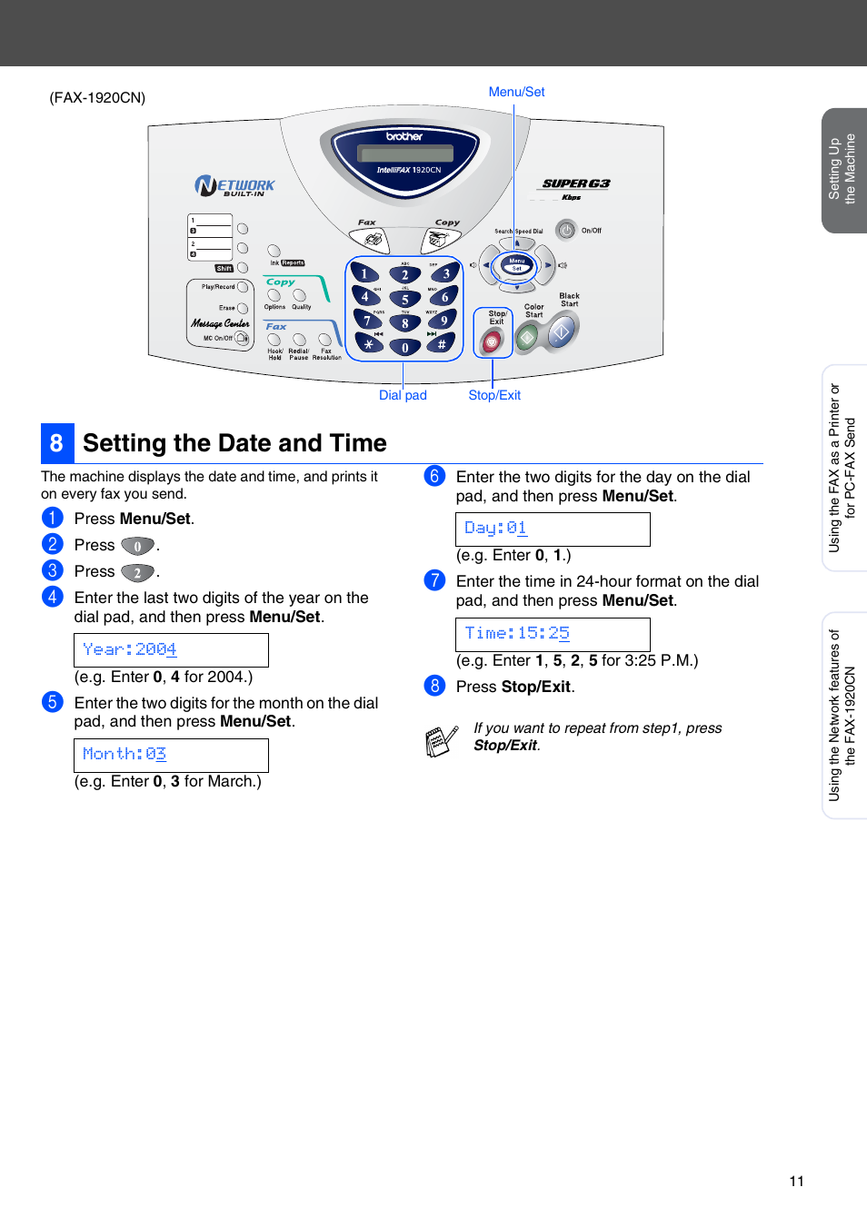 8 setting the date and time, 8setting the date and time | Brother FAX 1920CN User Manual | Page 12 / 17