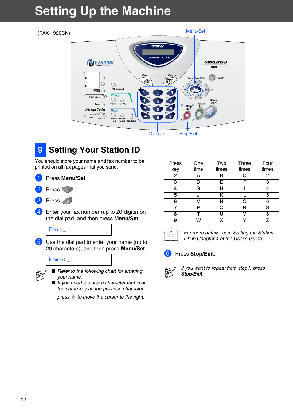 9 setting your station id, Setting up the machine, 9setting your station id | Brother FAX 1920CN User Manual | Page 13 / 17