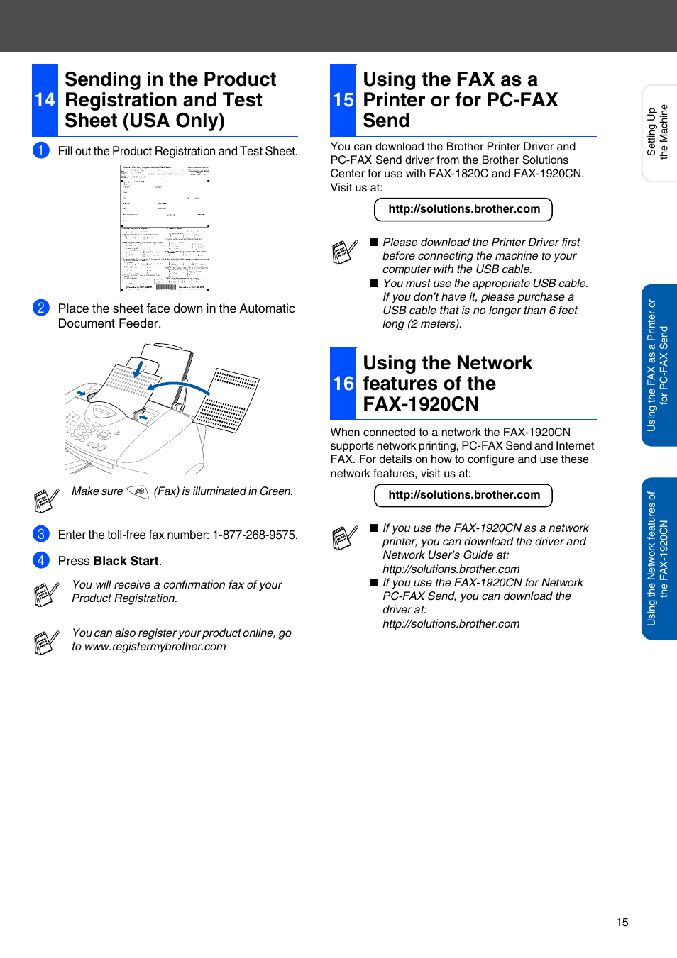 15 using the fax as a printer or for pc-fax send, 16 using the network features of the fax-1920cn, Using the fax as a printer or for pc-fax send | Using the network features of the fax-1920cn | Brother FAX 1920CN User Manual | Page 16 / 17