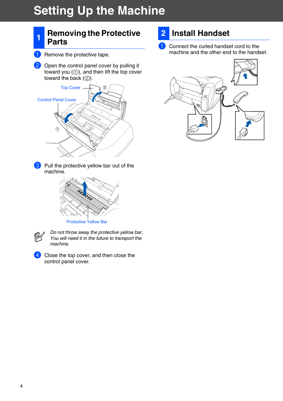 Setting up the machine, 1 removing the protective parts, 2 install handset | Install handset, 1removing the protective parts, 2install handset | Brother FAX 1920CN User Manual | Page 5 / 17