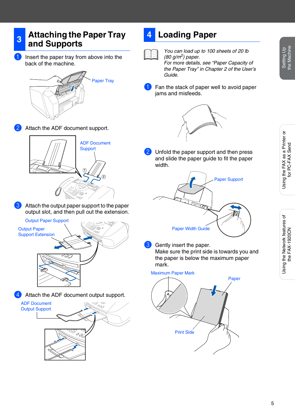3 attaching the paper tray and supports, 4 loading paper, 3attaching the paper tray and supports | 4loading paper | Brother FAX 1920CN User Manual | Page 6 / 17
