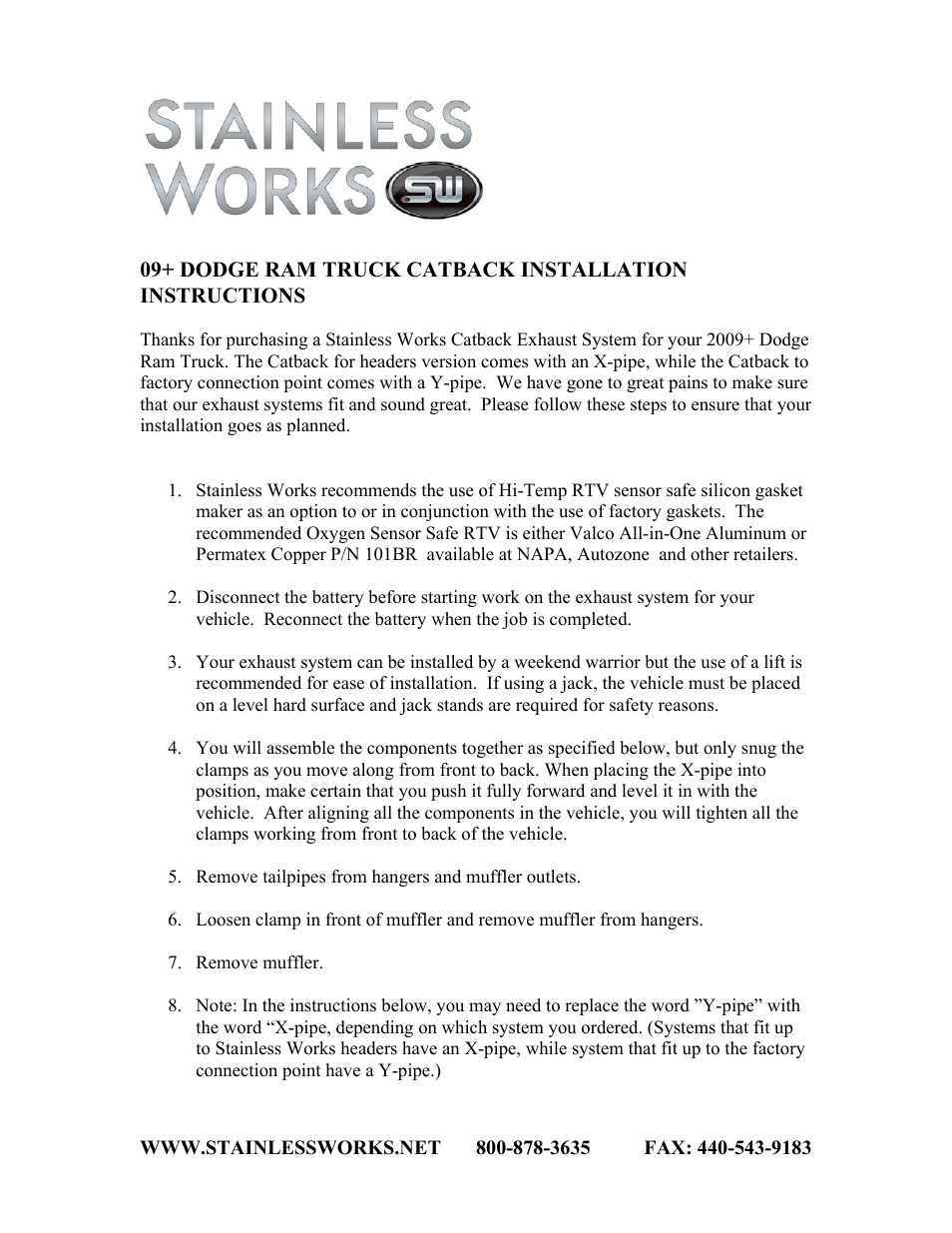 Stainless Works Dodge Ram 1500 2009-2014 Exhausts User Manual | 3 pages