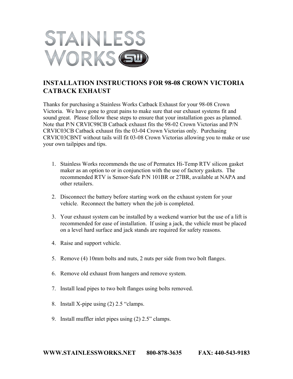 Stainless Works Ford Crown Vic / Mercury Grand Marquis 2003-04 4.6L Exhausts User Manual | 2 pages