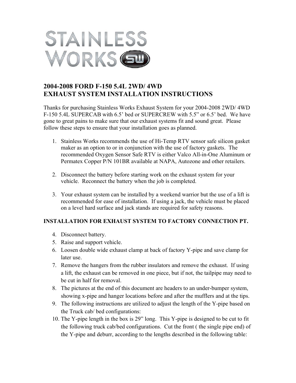 Stainless Works Ford F-150 2004-08 5.4L Exhausts User Manual | 3 pages