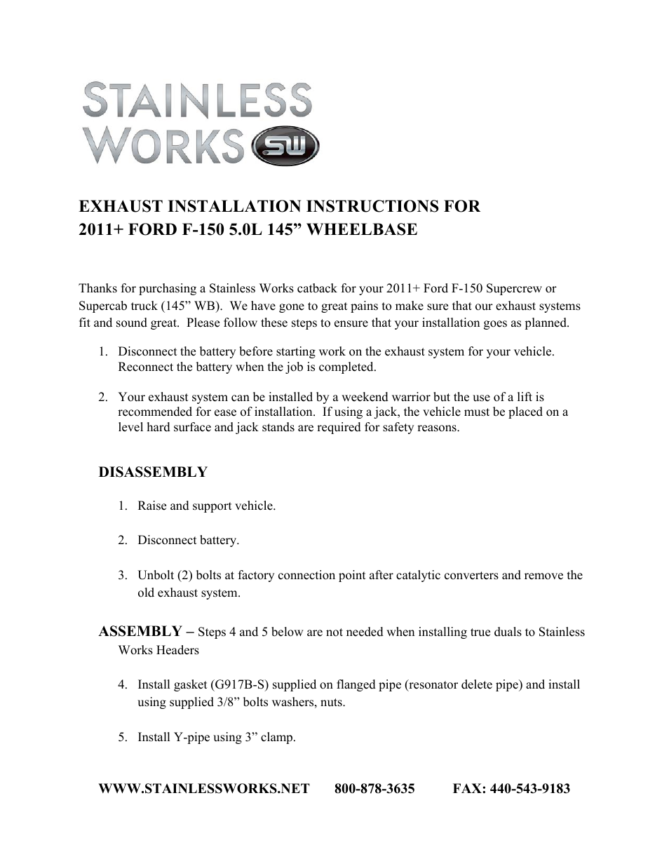 Stainless Works Ford F-150 2011-2014 5.0L Exhausts User Manual | 4 pages