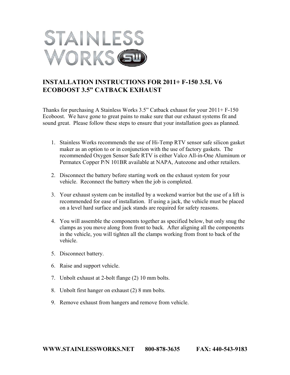 Stainless Works Ford F-150 Ecoboost 2011-14 3.5L S-Tube Turbo Exhaust User Manual | 4 pages