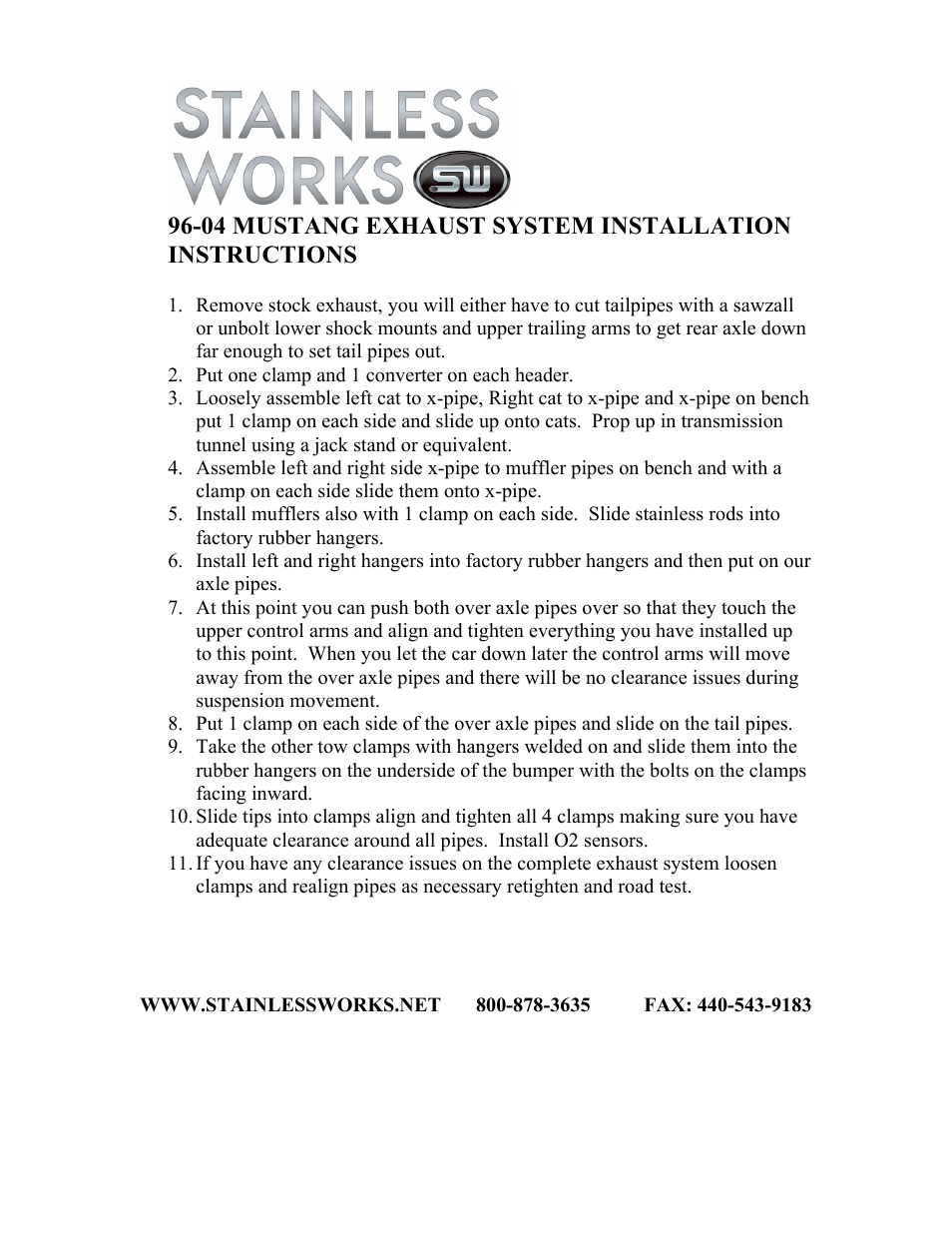 Stainless Works Ford Mustang 1996-04 Exhausts User Manual | 1 page