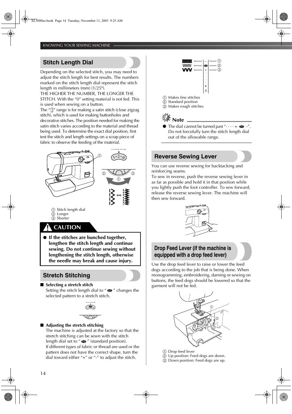 Stitch length dial, Stretch stitching, Reverse sewing lever | Caution | Brother XL5050 User Manual | Page 15 / 45