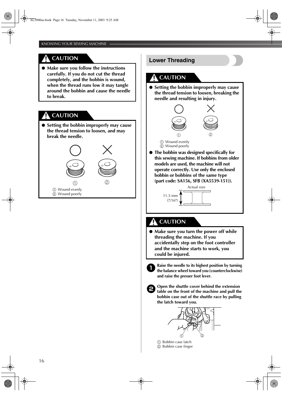 Lower threading, Caution | Brother XL5050 User Manual | Page 17 / 45