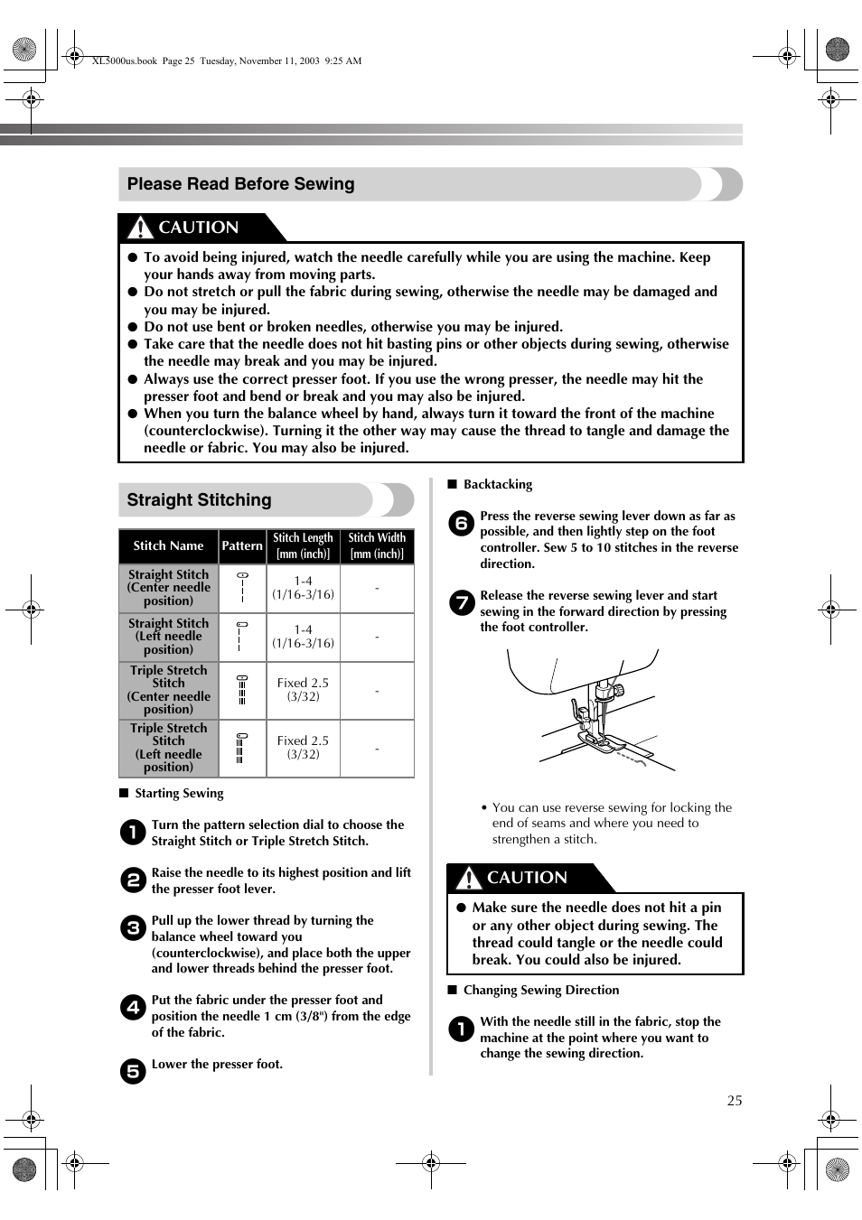 Please read before sewing straight stitching, Caution | Brother XL5050 User Manual | Page 26 / 45