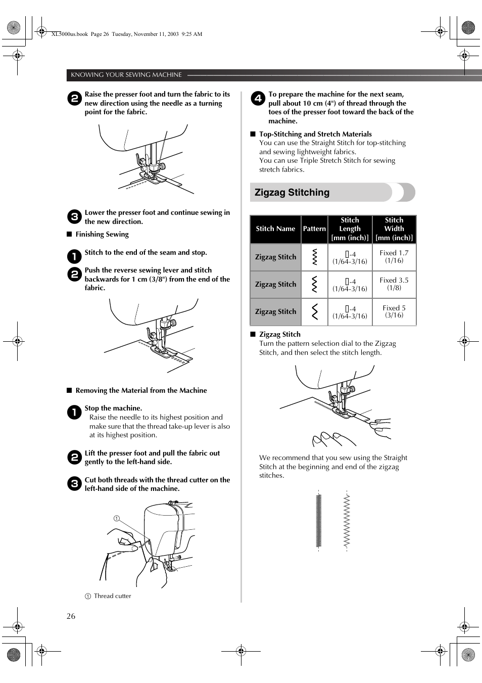 Zigzag stitching | Brother XL5050 User Manual | Page 27 / 45