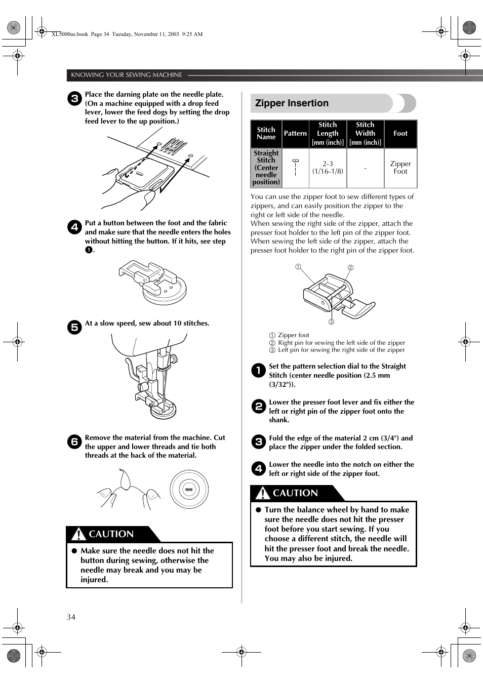 Zipper insertion, Caution | Brother XL5050 User Manual | Page 35 / 45