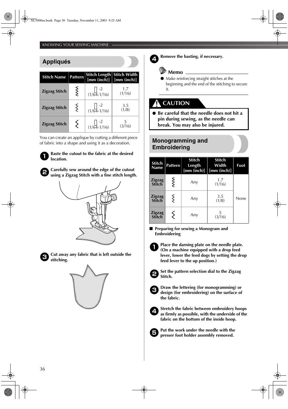 Appliqués, Monogramming and embroidering, Caution | Brother XL5050 User Manual | Page 37 / 45