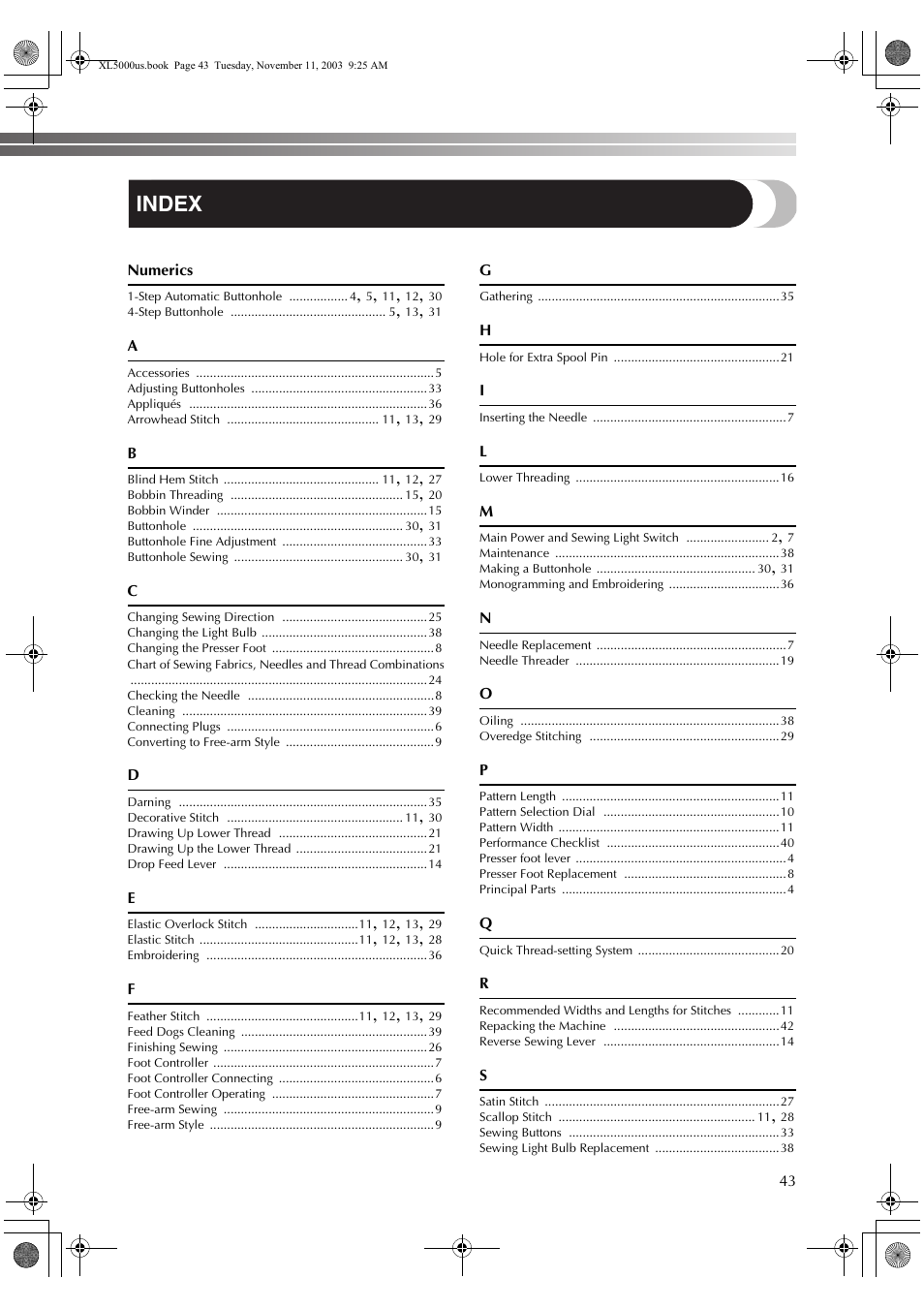 Index | Brother XL5050 User Manual | Page 44 / 45