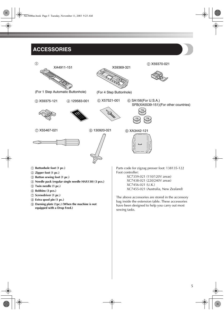 Accessories | Brother XL5050 User Manual | Page 6 / 45