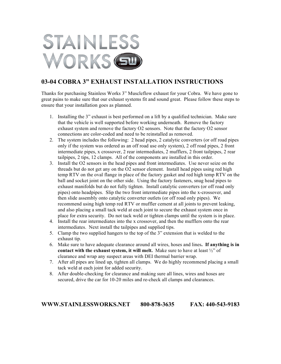 Stainless Works Ford Mustang Cobra 2003-04 Exhausts User Manual | 1 page