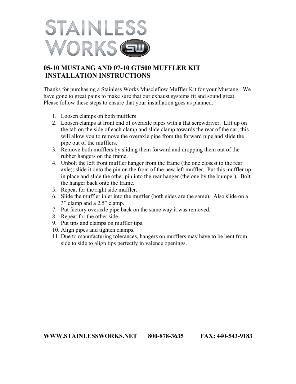 Stainless Works Ford Mustang GT 2005-09 Exhaust:"Big Core Muffler Kit" User Manual | 1 page