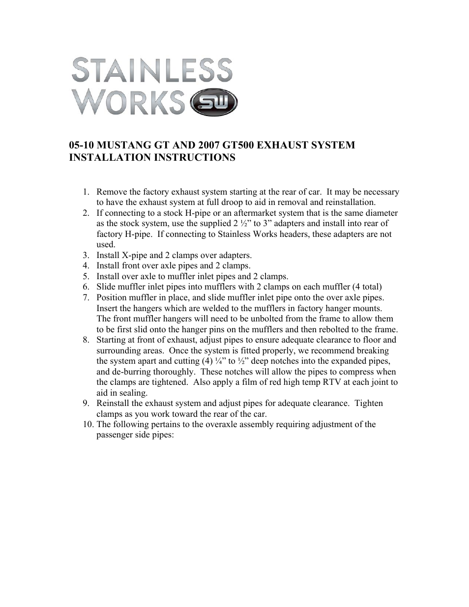 Stainless Works Ford Mustang GT 2010 Exhausts User Manual | 2 pages