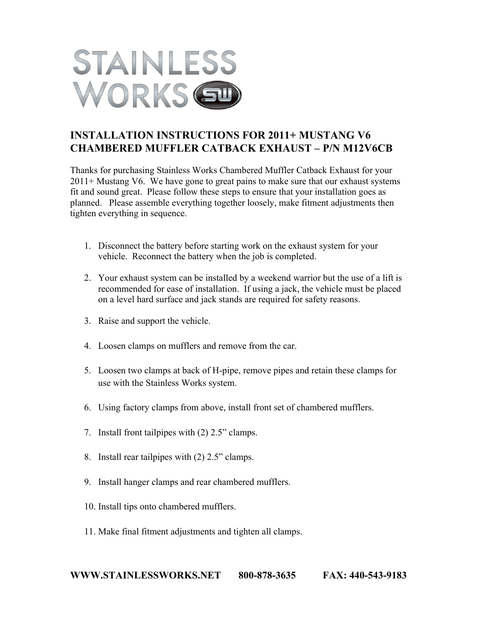 Stainless Works Ford Mustang V6 2011-14 Exhaust: 2.5" w/Retro Chambered Mufflers User Manual | 2 pages