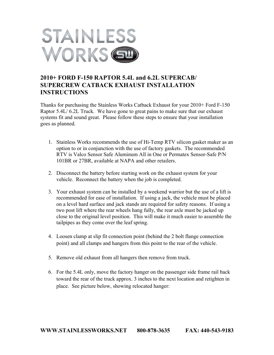 Stainless Works Ford F150 2010+ 5.4L-6.2L Catback User Manual | 3 pages